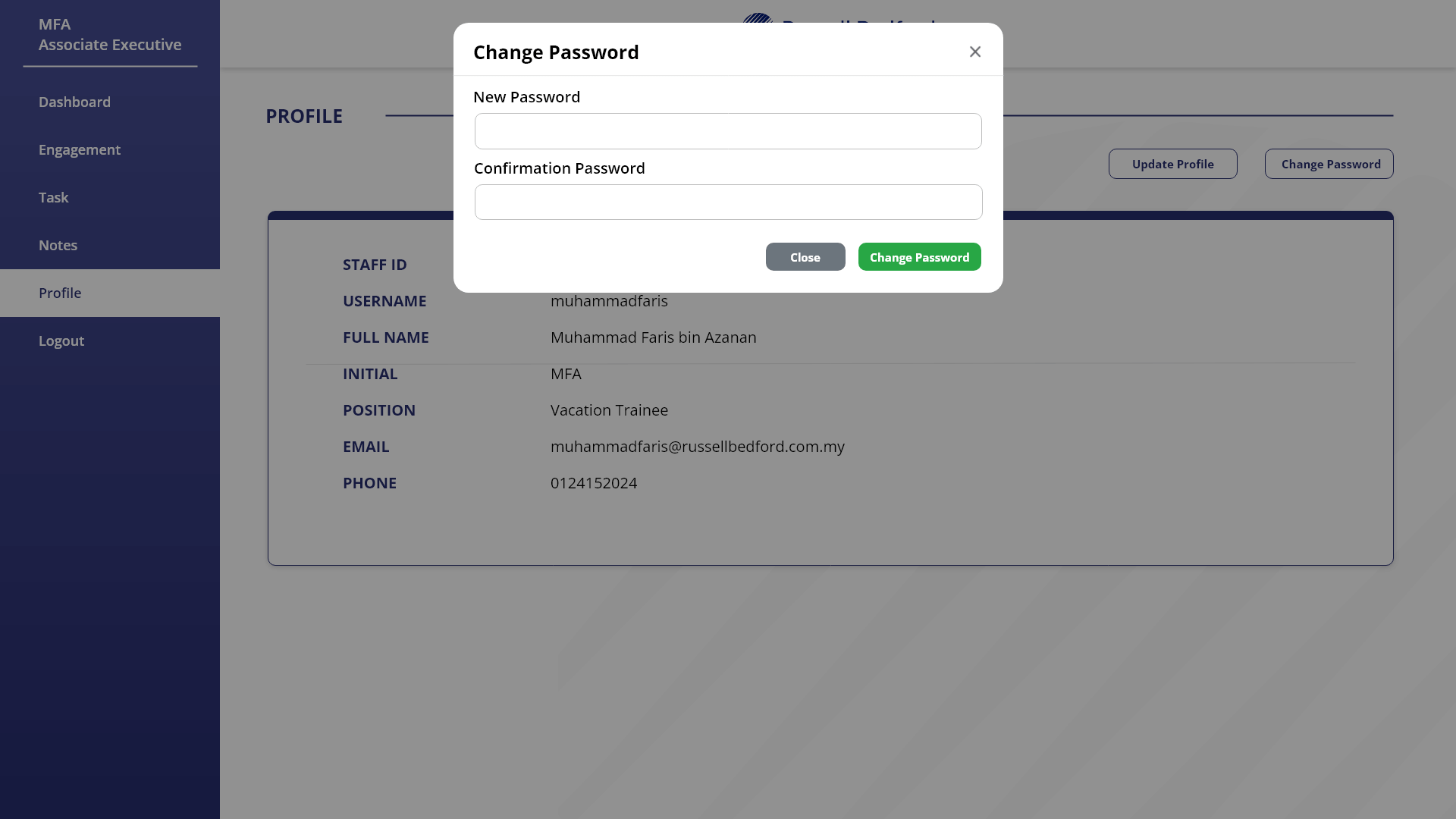 20. Profile Page - Member (Audit Assistant) ; Change Password