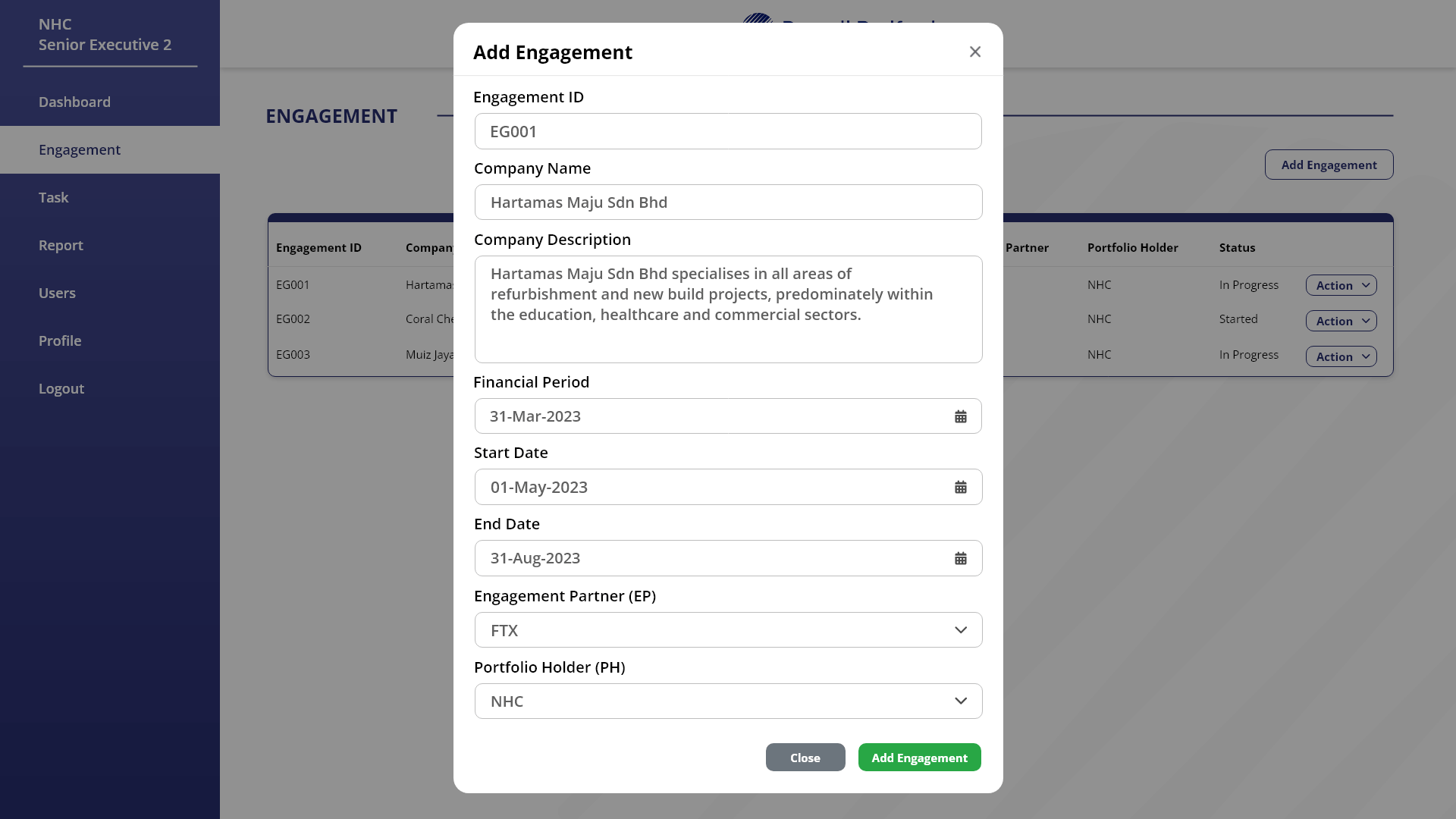 5. Engagement Page - Leader (Portfolio Holder) ; Add Engagement